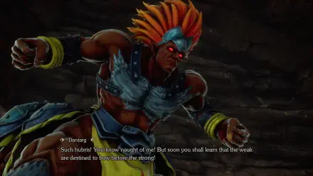 A scene from the video game Romancing SaGa 2: Revenge of the Seven, featuring a powerful character in an intense pose, accompanied by dramatic dialogue emphasizing strength and conflict.