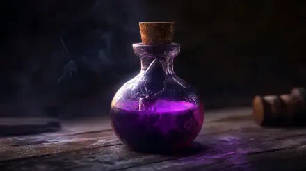 A magical potion bottle filled with vibrant purple liquid sits on a wooden surface, surrounded by subtle wisps of smoke, creating an enchanting fantasy atmosphere. 4K Ultra HD wallpaper.