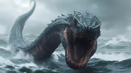 A stunning 4K Ultra HD fantasy wallpaper featuring a fearsome sea serpent emerging from tumultuous waves, showcasing intricate scales and glowing eyes.