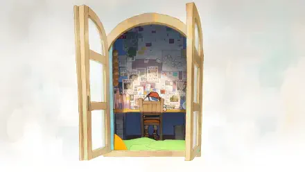 4K Ultra HD anime wallpaper featuring an open wooden door revealing a cozy room decorated with One Piece fan letters on the wall and a desk with a straw hat.