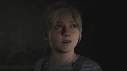 A character from Silent Hill 2 gazes thoughtfully, set against a dark background. This HD PC desktop wallpaper captures the game's eerie atmosphere.