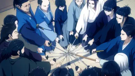 An anime-themed HD wallpaper featuring The Blue Wolves of Mibu, depicting a group of characters in traditional attire, gathering around a central point with drawn swords.
