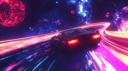 A sleek race car speeds through a vibrant, cosmic landscape, leaving a trail of colorful light on a starry backdrop. This captivating image makes a striking 4K Ultra HD desktop wallpaper.
