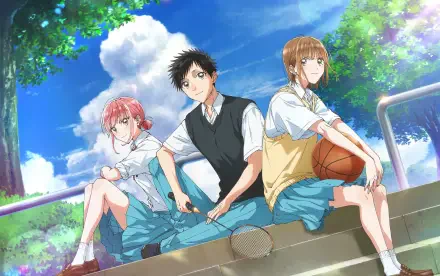 HD anime desktop wallpaper featuring Hina Chouno, Chinatsu Kano, and Taiki Inomata from Blue Box, sitting outdoors under a bright blue sky with lush greenery.
