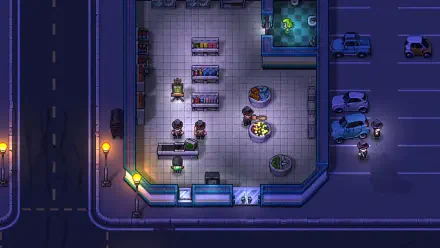 A vibrant HD wallpaper for Streets of Rogue 2, showcasing a bustling store interior with characters interacting, illuminated by streetlights in a nighttime urban setting.