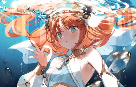 Nilou (Genshin Impact) anime girl with flowing orange hair and turquoise eyes submerged in shimmering water and bubbles — 4K Ultra HD PC wallpaper background.