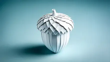 A detailed, three-dimensional acorn sculpture crafted from paper, set against a soft blue background, showcased as a 4K Ultra HD PC desktop wallpaper.