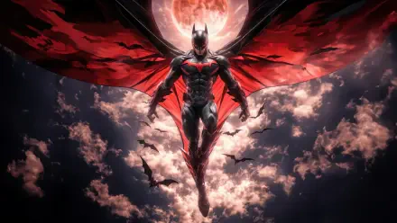 A dynamic comic-inspired image of Batman in a striking cape, soaring against a dramatic sky with a full moon, designed as an 8K Ultra HD PC desktop wallpaper.