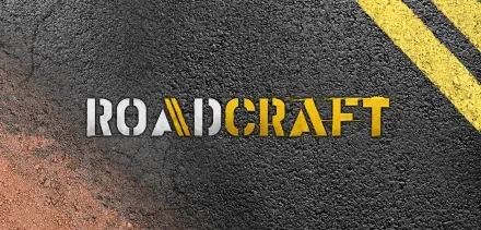 Logo for the video game RoadCraft displayed on an asphalt background, featuring a blend of bold colors and textures, designed as a 4K Ultra HD desktop wallpaper.