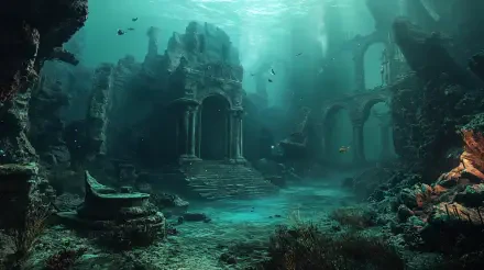 A mesmerizing underwater scene featuring ancient, crumbling ruins surrounded by vibrant marine life, rendered in stunning 4K Ultra HD, evokes a captivating fantasy world.