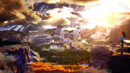 A stunning HD desktop wallpaper featuring a vibrant landscape from the video game Albatroz, showcasing majestic mountains, lush forests, and a dramatic sunset sky.