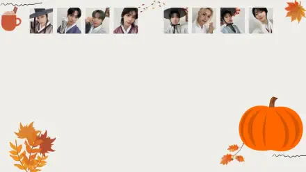 HD PC desktop wallpaper featuring individual portraits of Stray Kids members in a clean, minimal design with autumn leaves and a pumpkin accent.