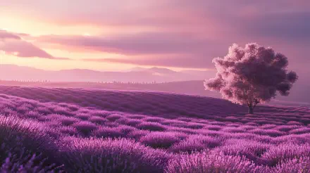 A stunning lavender field stretches under a vibrant sky, showcasing rich purple hues and a solitary tree, creating a serene nature landscape in 4K Ultra HD quality.