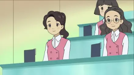 A vibrant anime scene from Future Folktales, featuring students in pink vests attentively seated at a modern classroom, set against a colorful background. A captivating HD wallpaper.