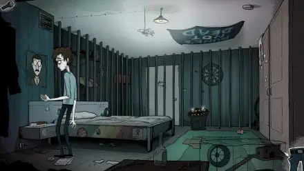 A high-definition wallpaper from the video game Mindlock - The Apartment, featuring a character standing in a dimly lit, cluttered room with a bed and scattered items.