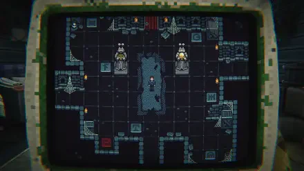 A retro-style HD wallpaper depicting a dungeon-like environment from the video game Is This Game Trying to Kill Me?, featuring a character surrounded by statues and obstacles.