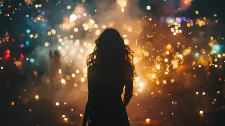 A silhouette of a person against a backdrop of vibrant lights and sparklers creates a captivating New Year's Eve mood, ideal for an HD PC desktop wallpaper.