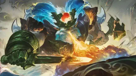 Ornn from League of Legends unleashes a fiery attack in this vibrant 8K Ultra HD wallpaper, showcasing his powerful presence and elemental might in a stunning fantasy scene.