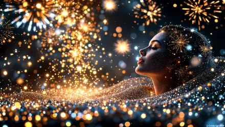 A captivating 4K Ultra HD portrait of a woman surrounded by sparkling fireworks and glitter, capturing the festive New Year's Eve mood in a dazzling desktop wallpaper.