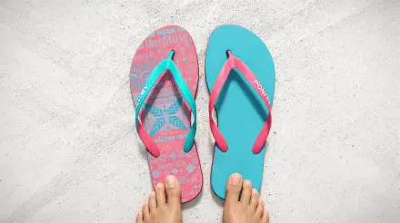 Close-up of vibrant flip flops in pink and teal, placed on a light surface, complemented by bare feet. This image serves as a colorful 4K Ultra HD desktop wallpaper and background.