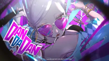 HD PC desktop wallpaper featuring Ayase Seiko from Dandadan in vibrant colors with neon lighting and dynamic composition.