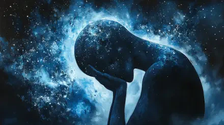 A contemplative figure, silhouetted against a cosmic backdrop, conveys a sense of sadness and introspection in this artistic 4K Ultra HD desktop wallpaper.