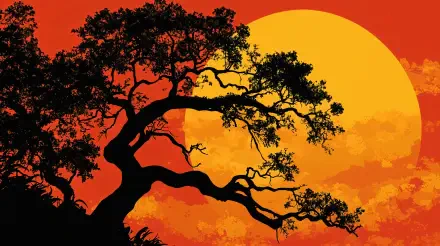 Silhouette of a tree against a vibrant sunset, featuring deep oranges and soft yellows. A stunning 4K Ultra HD wallpaper for a striking backdrop.