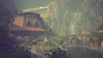 A serene scene from Final Fantasy VII Remake, featuring lush greenery, a charming house, a waterfall, and a bridge, perfect as a captivating HD PC desktop wallpaper.