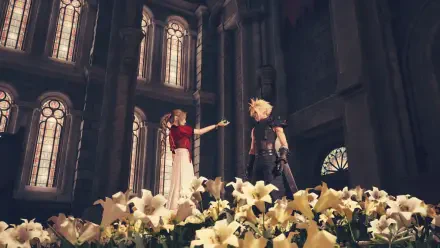 A stunning HD wallpaper from Final Fantasy VII Remake featuring Aerith Gainsborough and Cloud Strife surrounded by flowers in a beautifully lit setting.
