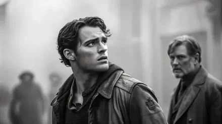 A striking grayscale 4K Ultra HD wallpaper featuring two men in a tense moment, set against a misty, atmospheric backdrop, evoking a sense of intrigue and drama.