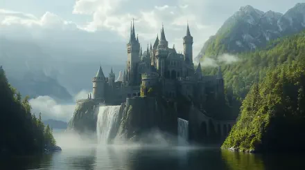 A stunning fairytale castle rises majestically on a rocky cliff, surrounded by lush mountains and a serene lake, creating a captivating 4K Ultra HD desktop wallpaper.