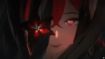 A detailed HD wallpaper featuring Camellya from the video game Wuthering Waves, showcasing her striking red eyes and dark hair adorned with a red flower.