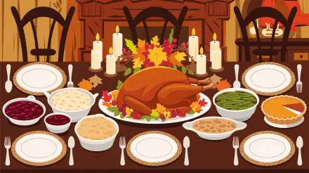 A beautifully arranged Thanksgiving dinner featuring a golden turkey centerpiece, surrounded by sides like mashed potatoes, green beans, and cranberry sauce, all set on a rustic table.