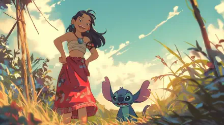 Lilo and Stitch stand together in a vibrant, animated scene, surrounded by lush greenery and a bright sky, capturing the essence of friendship from the beloved TV show.