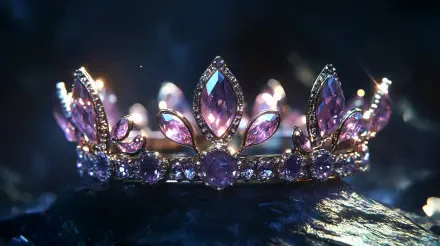 A sparkling princess crown adorned with purple gemstones and intricate jewelry details, captured in vibrant 4K Ultra HD for a PC desktop wallpaper.
