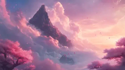 A serene pink sky blankets majestic mountains, surrounded by soft pink clouds and blossoming trees, creating a tranquil pink aesthetic in this 4K Ultra HD desktop wallpaper.