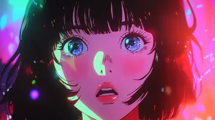 A stunning anime girl with expressive blue eyes and vibrant neon colors, captured in a captivating 4K Ultra HD wallpaper that brings the scene to life.
