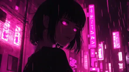 Anime girl with glowing pink eyes in a neon-lit cityscape, surrounded by vibrant signage and rain, set against a dark, moody background. 4K Ultra HD wallpaper.