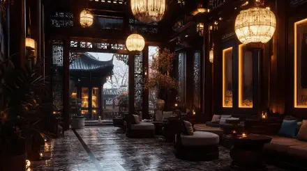 A serene tea house interior featuring elegant lanterns, plush seating, and a tranquil ambiance, showcased in stunning 4K Ultra HD resolution, perfect for any desktop wallpaper.