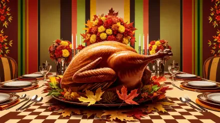 A beautifully arranged Thanksgiving table features a golden-brown turkey at its center, surrounded by vibrant flowers and autumn leaves, set against a colorful backdrop. 4K Ultra HD wallpaper.