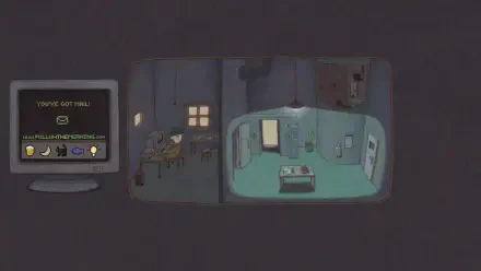 A digital artwork showcasing a split scene from a video game, featuring a cozy room with soft lighting and a computer with a notification reading YOU'VE GOT MAIL.