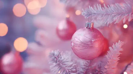 A close-up of a pink Christmas ornament hanging on a frosted tree, with soft pink and white bokeh lights in the background. This vibrant image serves as a stunning 4K Ultra HD desktop wallpaper.