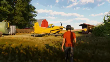 A person in an orange shirt approaches a yellow aircraft in a lush, green setting, capturing the immersive graphics of Microsoft Flight Simulator 2024 in stunning 4K Ultra HD.
