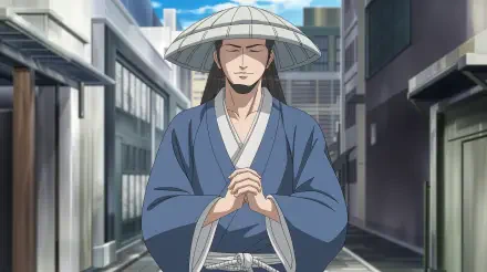 A serene anime samurai stands in a narrow street, adorned in traditional clothing and a distinctive hat, captured in vivid detail as a 4K Ultra HD PC desktop wallpaper.