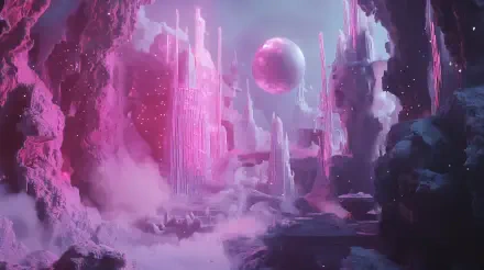 A surreal dreamcore landscape featuring ethereal pink crystal formations and a distant planet, set in a mystical, atmospheric environment. 4K Ultra HD wallpaper for desktops.