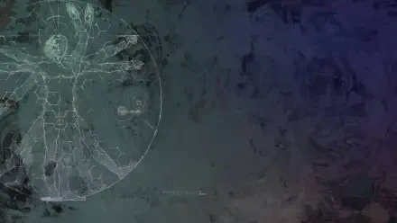 ReFantazio metaphor: faded mechanical Vitruvian diagram over a grungy blue-black texture — HD PC desktop wallpaper/background