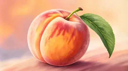 A beautifully rendered peach with delicate pink and yellow hues, accompanied by a vibrant green leaf, showcased as a 4K Ultra HD desktop wallpaper and background.