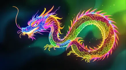 A vibrant neon dragon, intricately designed with colorful lights, against a dreamy background, showcasing a striking 4K Ultra HD PC desktop wallpaper and background.