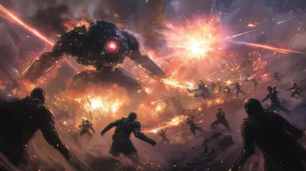 A thrilling space opera scene featuring a massive mech in a fierce sci-fi battle, engulfed in explosions and chaos, set against a dramatic cosmic backdrop. 4K Ultra HD resolution.