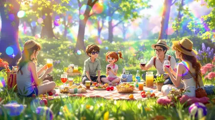 A lively picnic scene features six friends enjoying food and drinks on a blanket in a vibrant, sunlit forest, captured in stunning 4K Ultra HD quality.